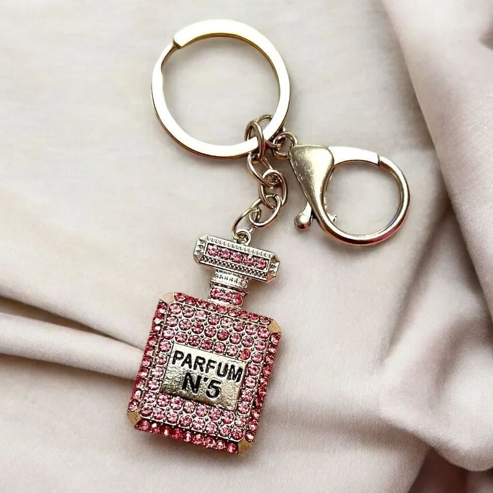 Pink Crystal Parfum No. 5 Perfume Bottle Silver Keychain